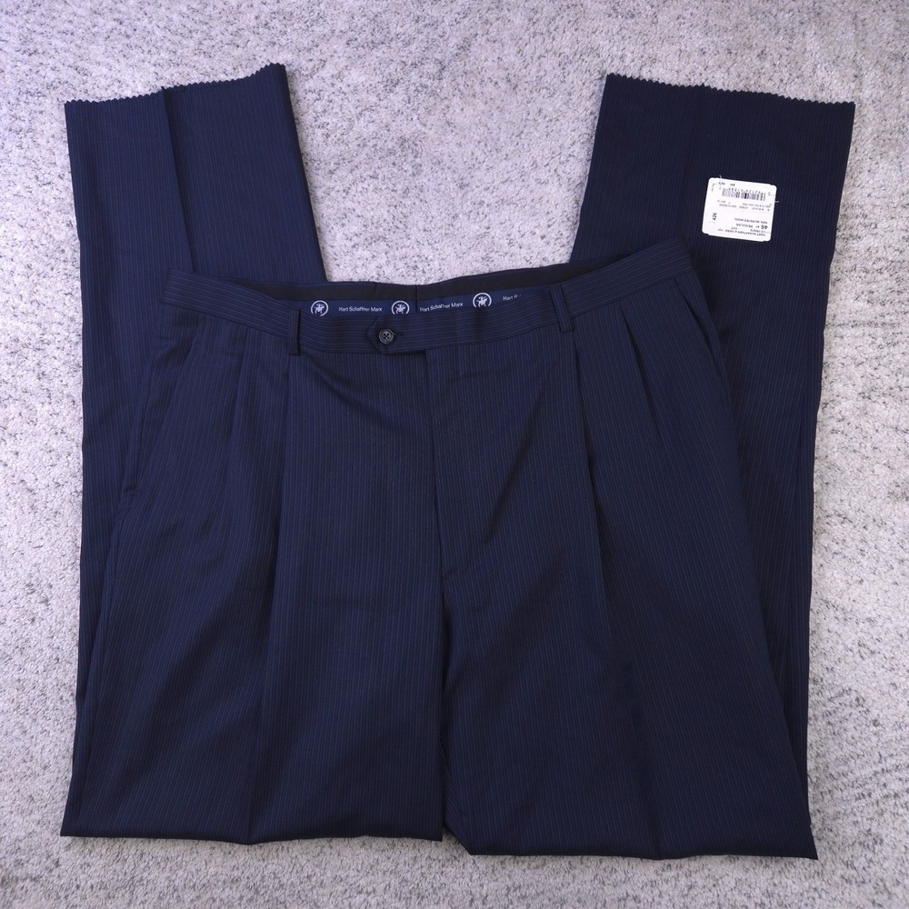 Hart Schaffner Marx Pants Mens 41 Wool Dress Trousers Pleated Navy Pinstripe NWT